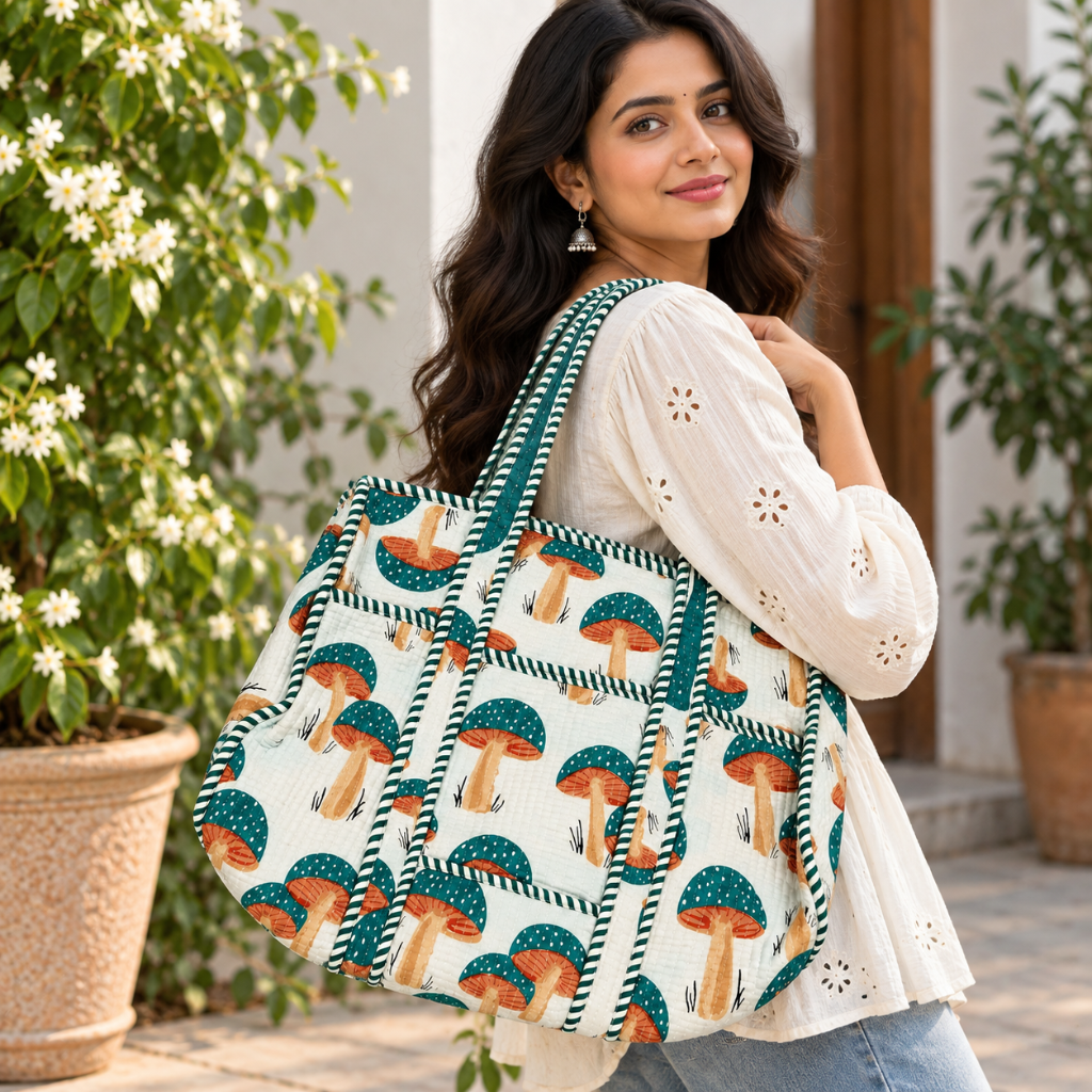 Printed Jaipuri Tote Bag | Animal and Floral Printed Rajasthani Bag