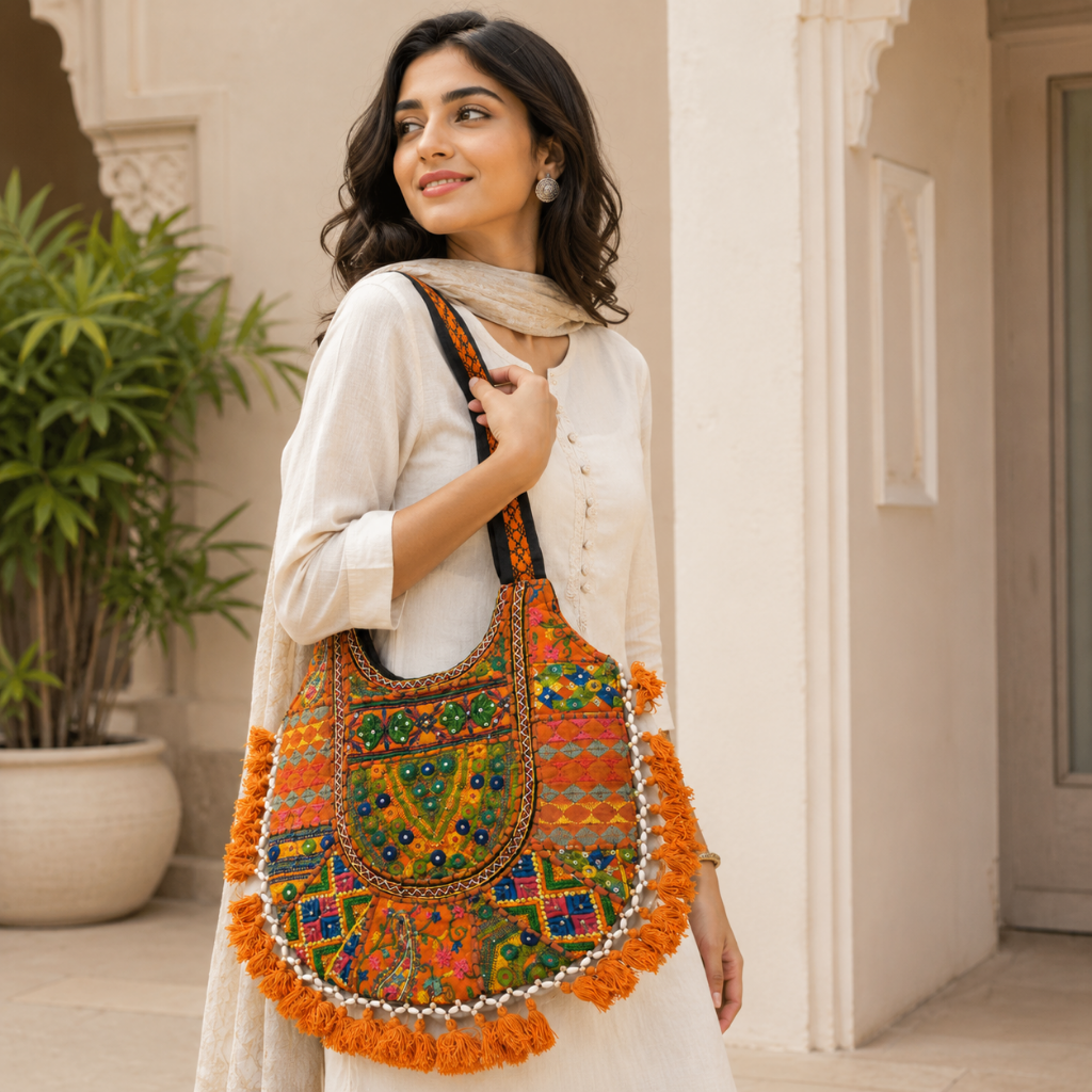 Fusion Hues Boho Tassel Embroidered Tote Bag