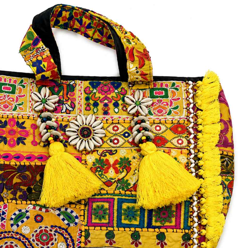 Boho Embroidered Tote Bag with Tassels