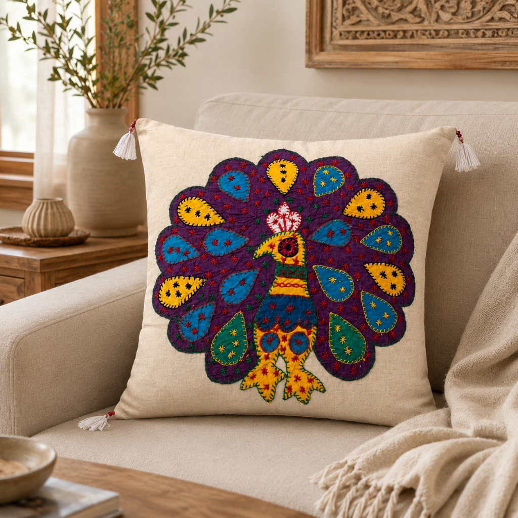 Peacock Applique Cushion Cover for Sofa or Bed Throw