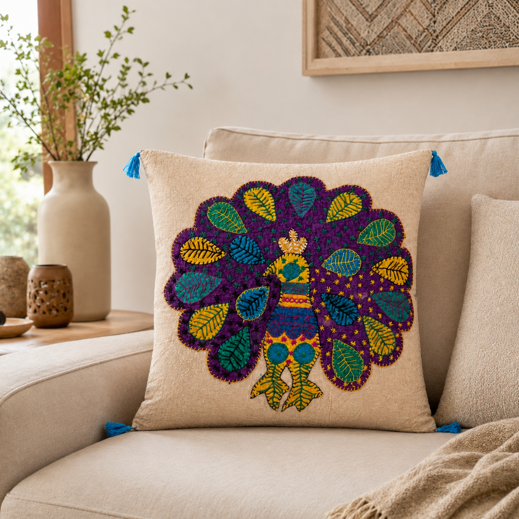 Peacock Applique Cushion Cover for Sofa or Bed Throw