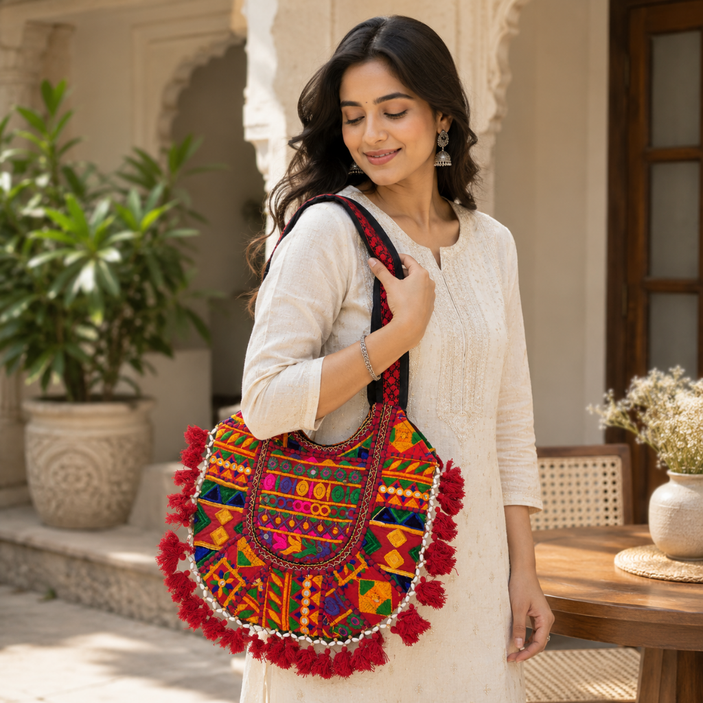Fusion Hues Boho Tassel Embroidered Tote Bag