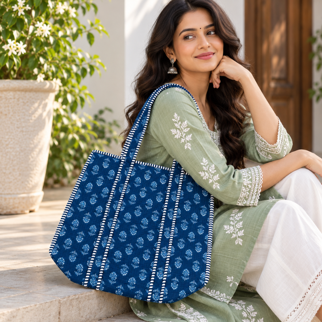 Printed Jaipuri Tote Bag | Animal and Floral Printed Rajasthani Bag