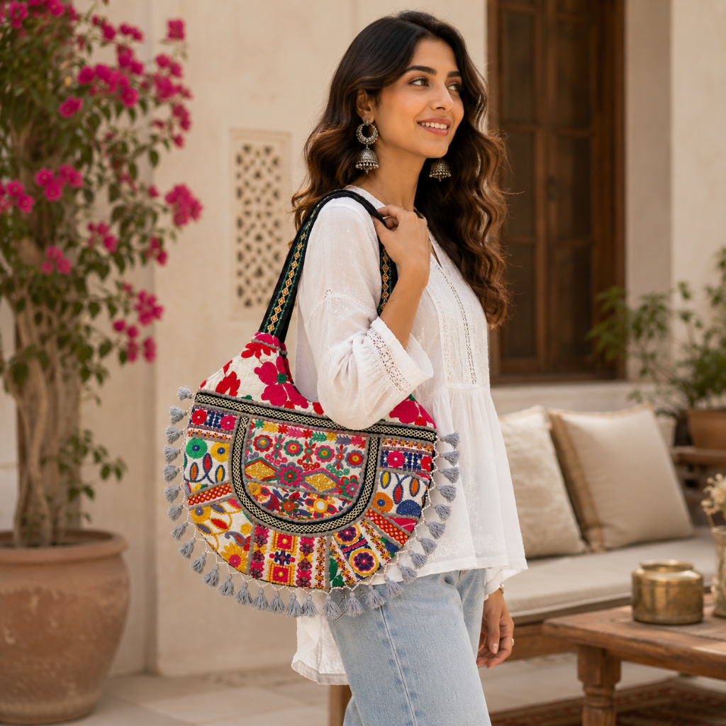 Wanderlust Tassel Embroidered  Tote Bag