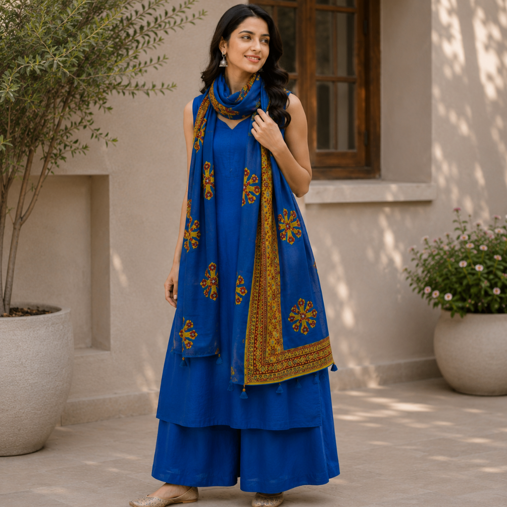 Applique Work Blue Cotton Dupatta
