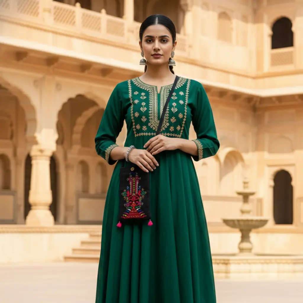 Woman in a green traditional outfit holding a decorative bag in an architectural setting