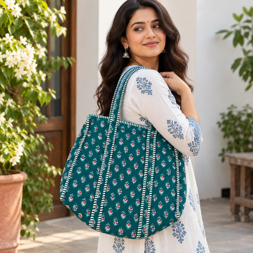 Printed Jaipuri Tote Bag | Animal and Floral Printed Rajasthani Bag