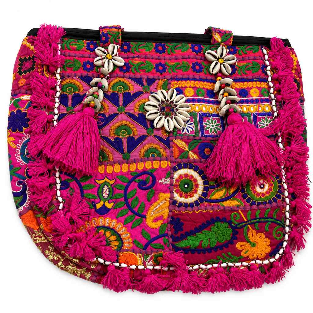 Boho Embroidered Tote Bag with Tassels