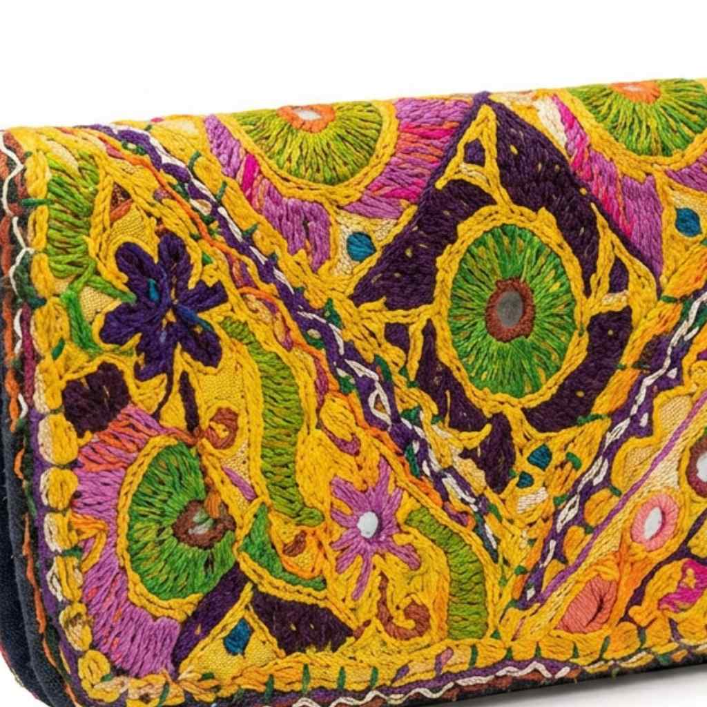 Boho Bloom Colorful Embroidered Cotton Clutch