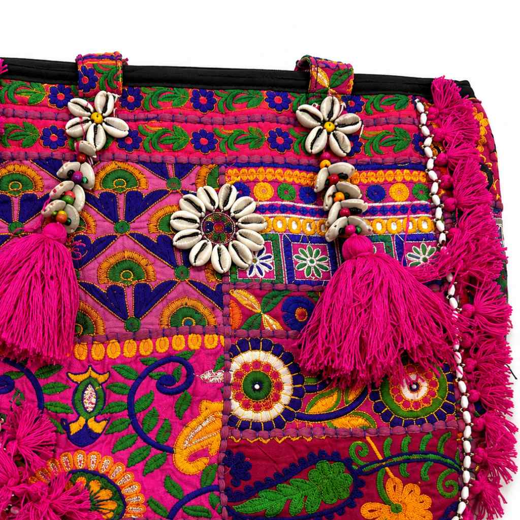 Boho Embroidered Tote Bag with Tassels