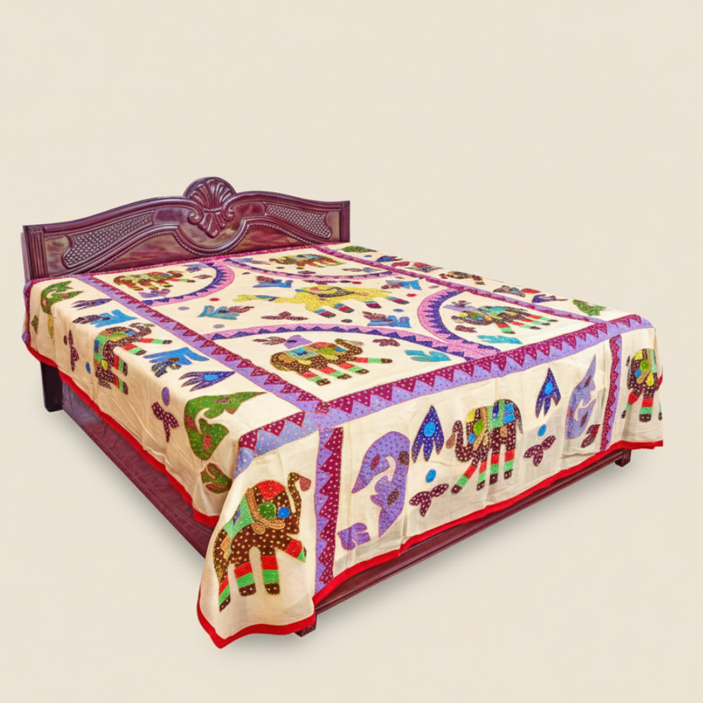Vibrant Heritage Elephant Motifs Applique Bedsheet