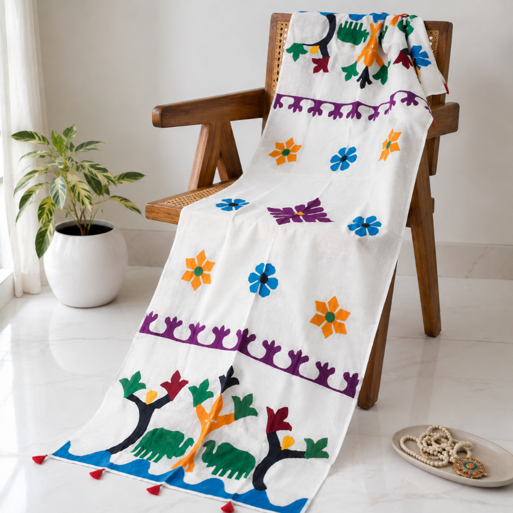 Folk Multicolour Applique Work White Dupatta