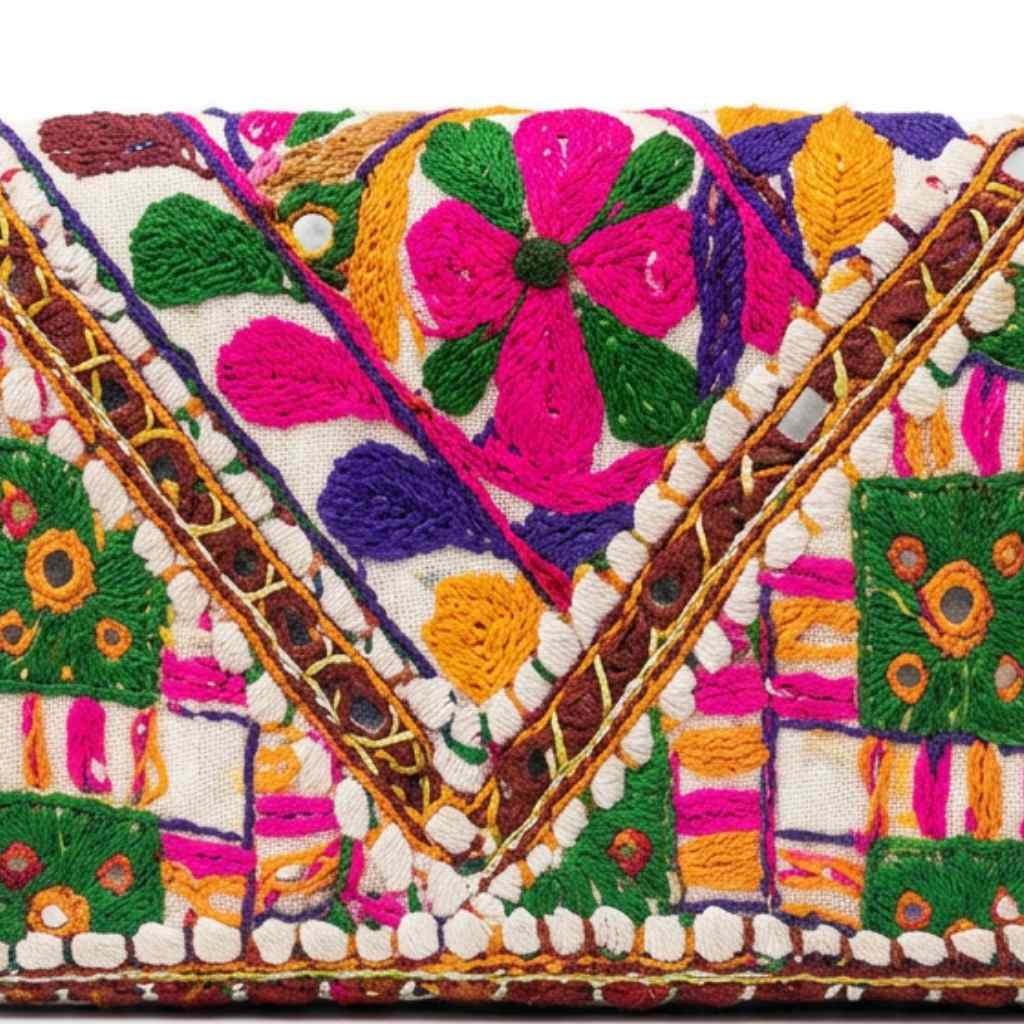 Boho Bloom Colorful Embroidered Cotton Clutch