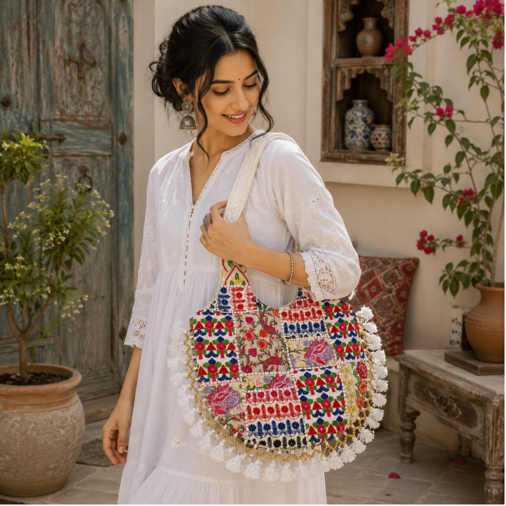 Wanderlust Tassel Embroidered  Tote Bag