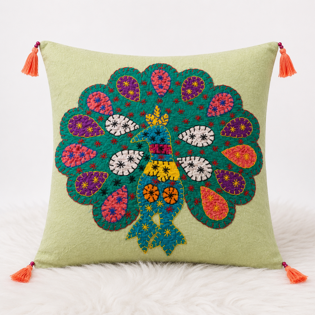 Peacock Applique Cushion Cover for Sofa or Bed Throw