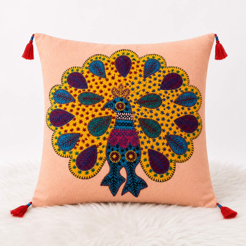 Peacock Applique Cushion Cover for Sofa or Bed Throw