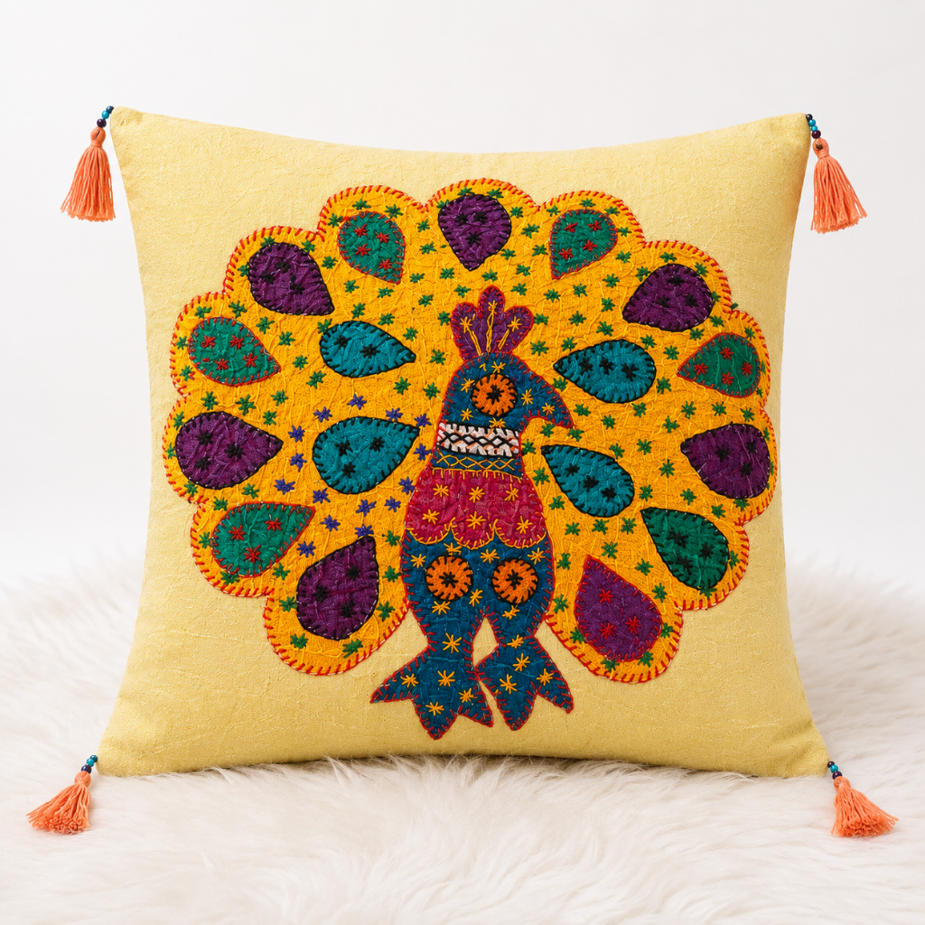 Peacock Applique Cushion Cover for Sofa or Bed Throw