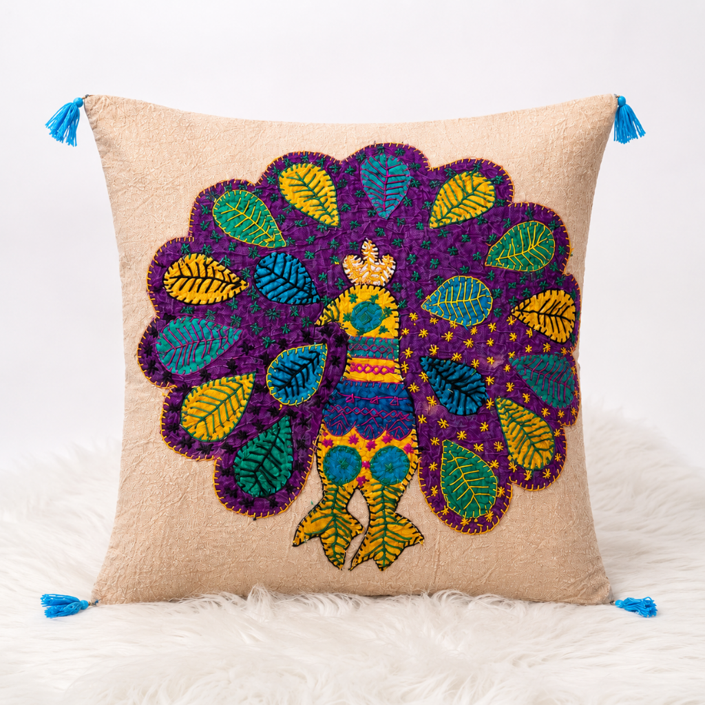 Peacock Applique Cushion Cover for Sofa or Bed Throw