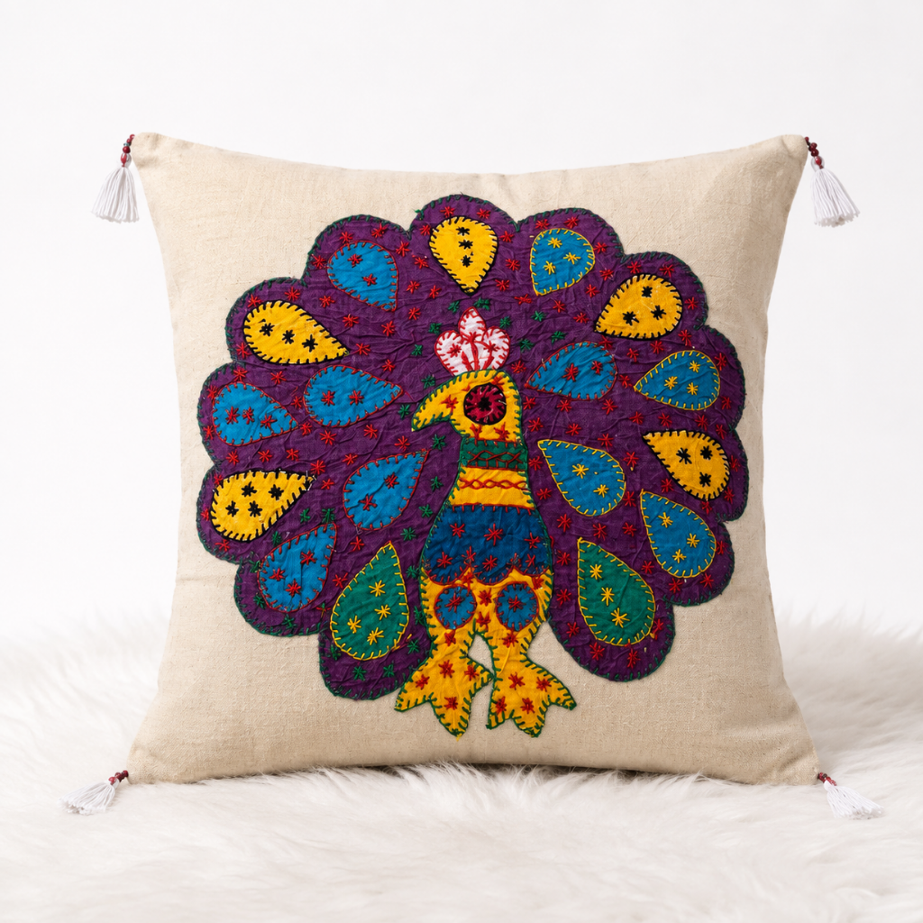 Peacock Applique Cushion Cover for Sofa or Bed Throw