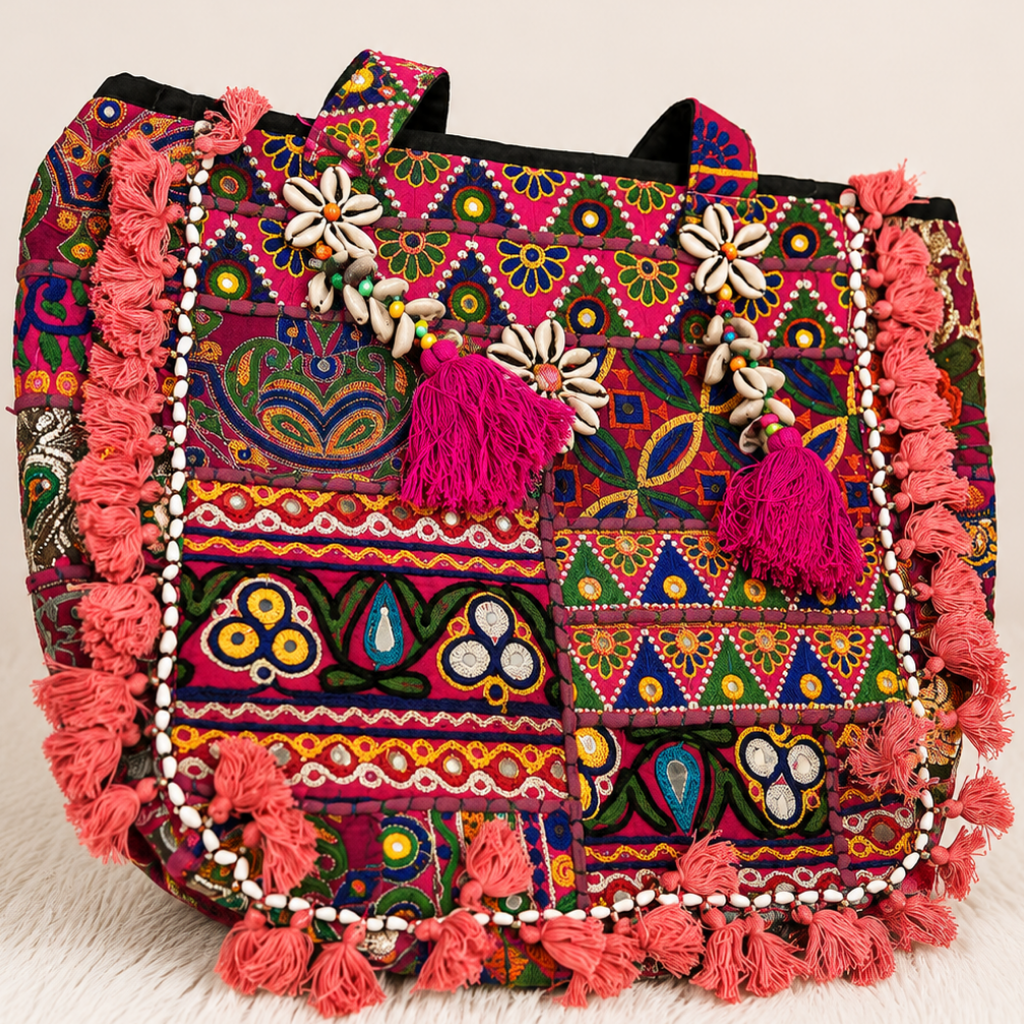 Boho Embroidered Tote Bag with Tassels