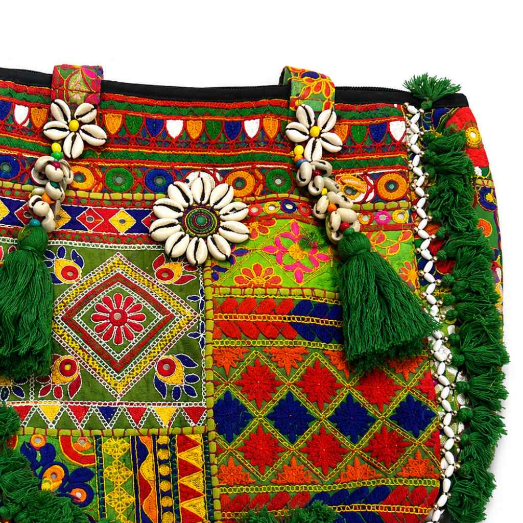 Boho Embroidered Tote Bag with Tassels