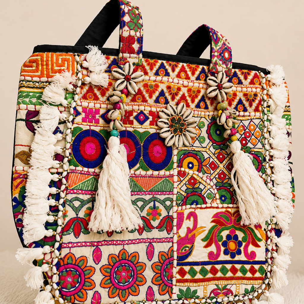 Boho Embroidered Tote Bag with Tassels