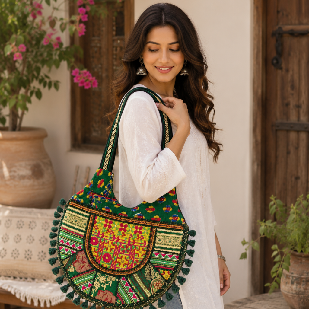 Tribal Hues Boho Embroidered Tote Bag
