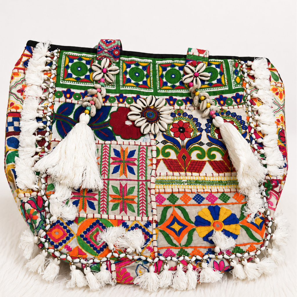 Boho Embroidered Tote Bag with Tassels