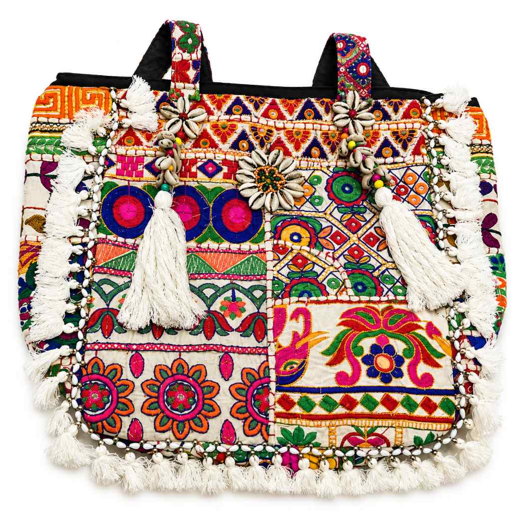 Boho Embroidered Tote Bag with Tassels