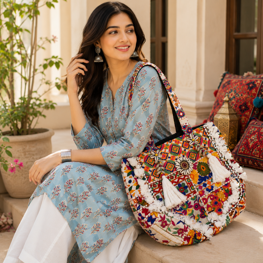 Heritage Embroidered Banjara Tote Bag with Tassels