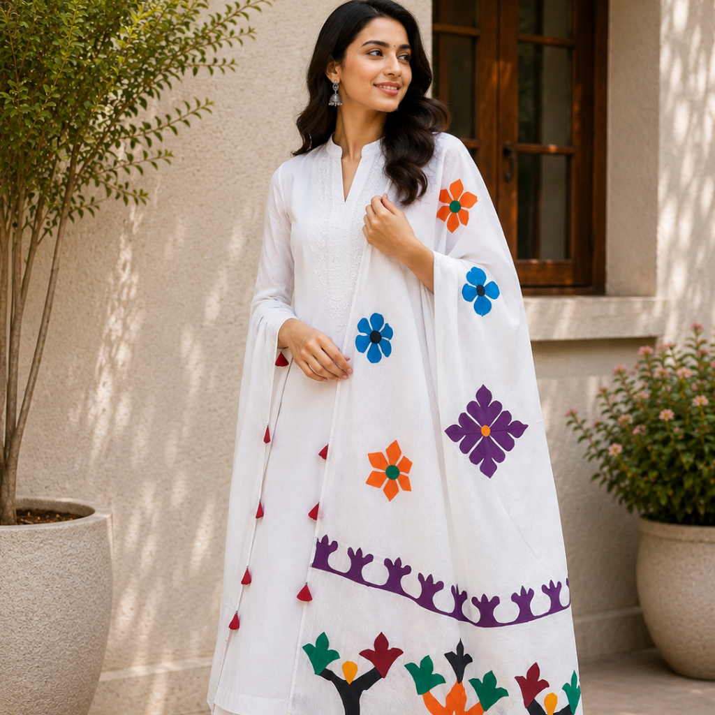 Folk Multicolour Applique Work White Dupatta