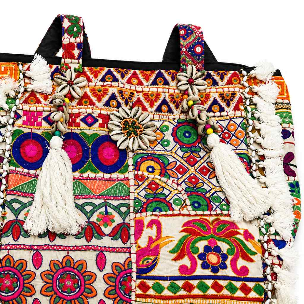 Boho Embroidered Tote Bag with Tassels