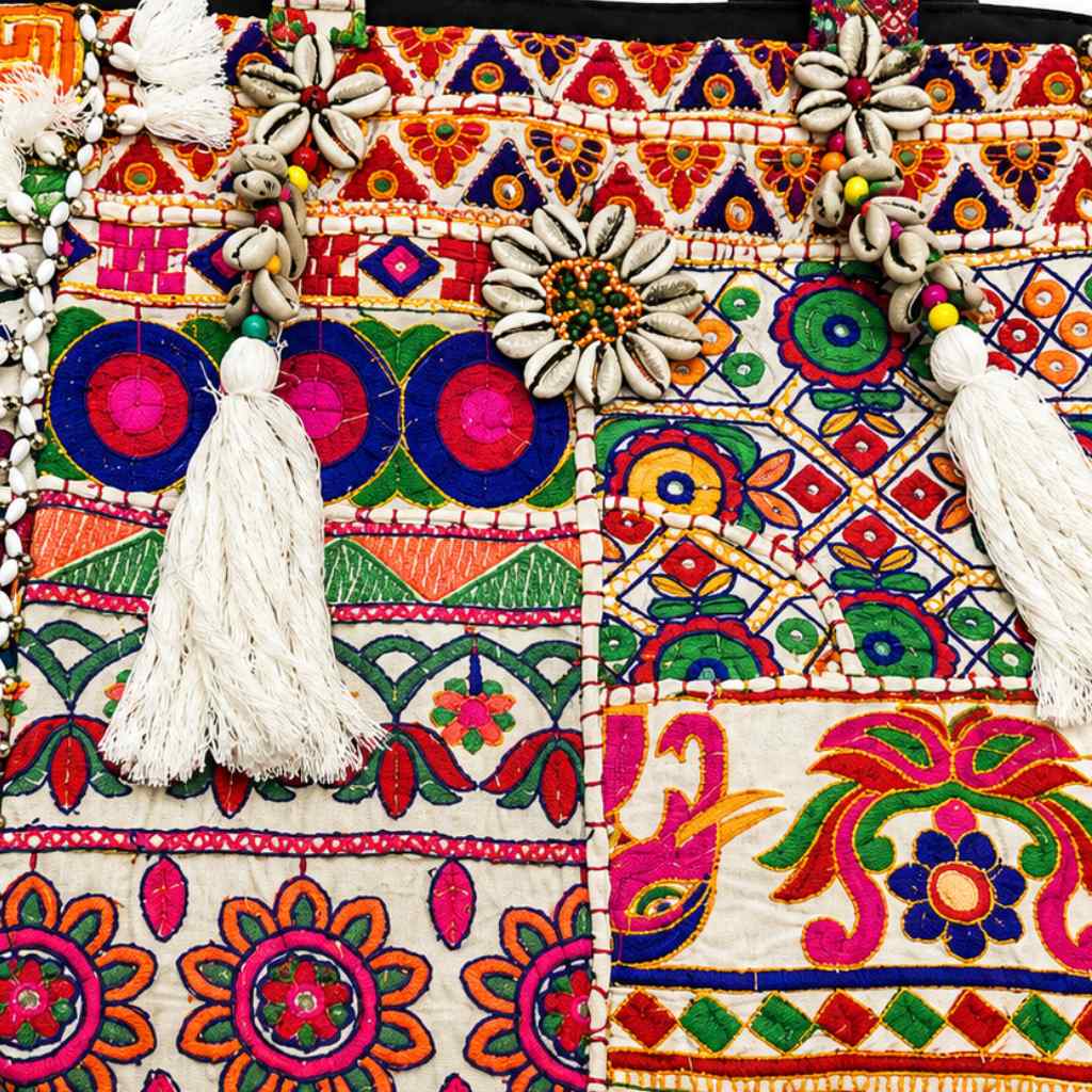 Boho Embroidered Tote Bag with Tassels