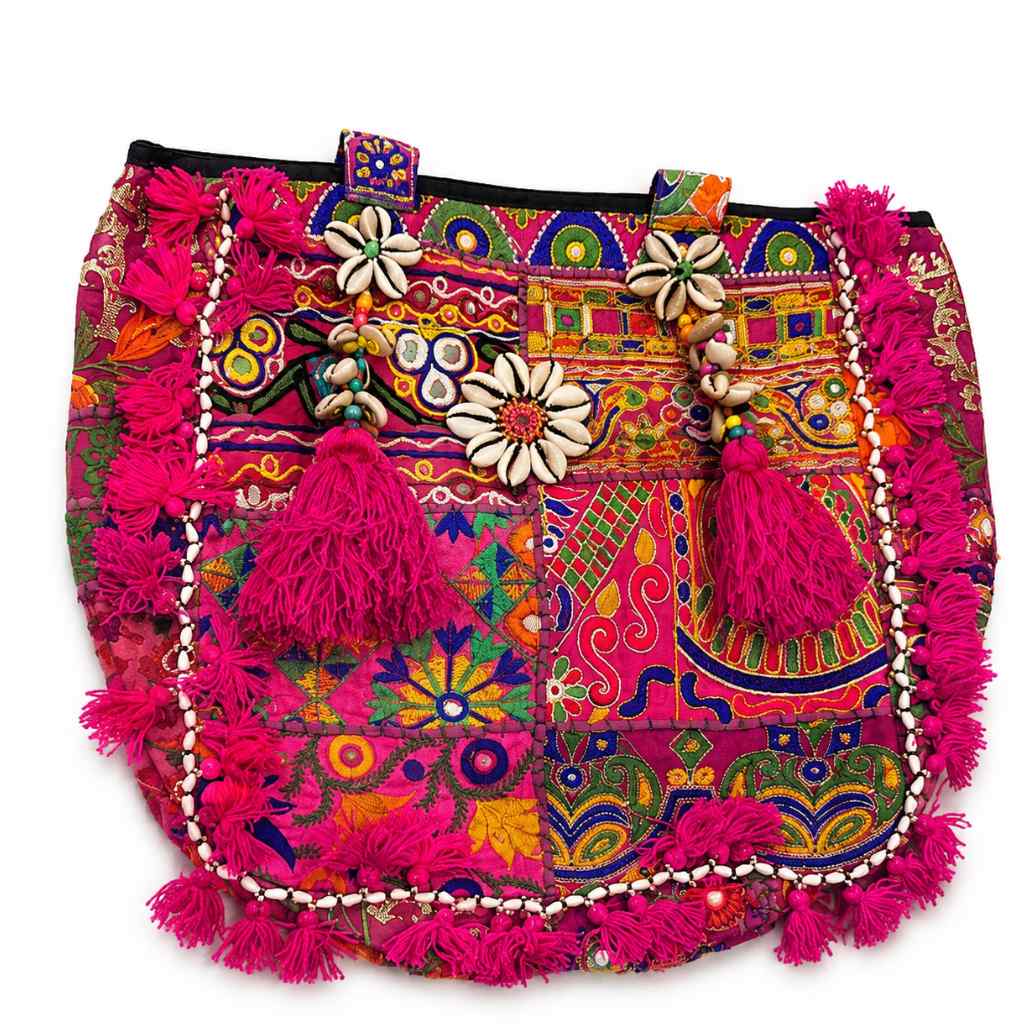 Boho Embroidered Tote Bag with Tassels