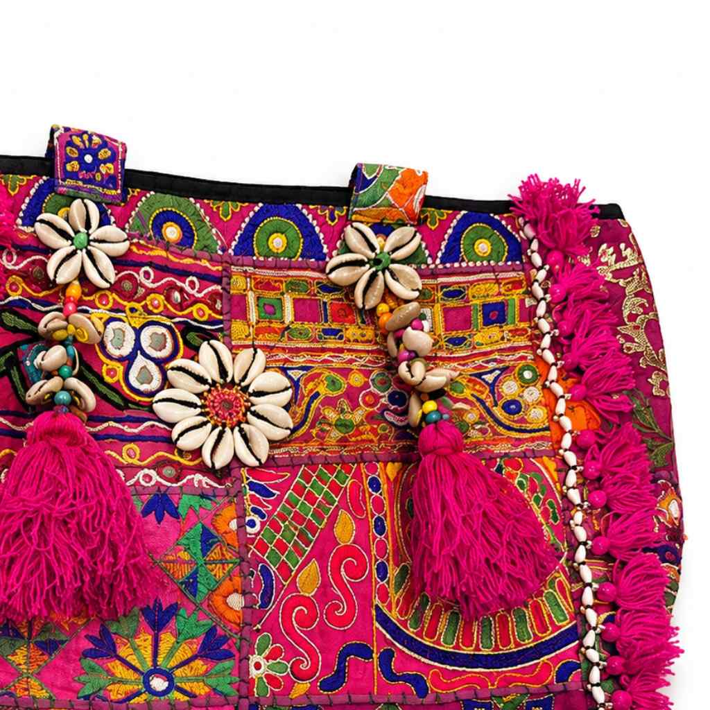 Boho Embroidered Tote Bag with Tassels