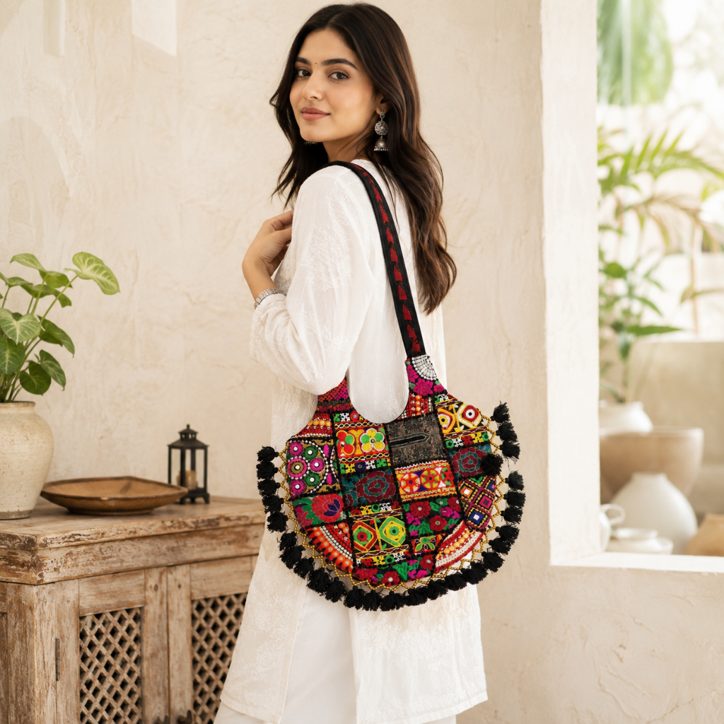 Vintage Noir Tassel Embroidered Tote Bag for Women