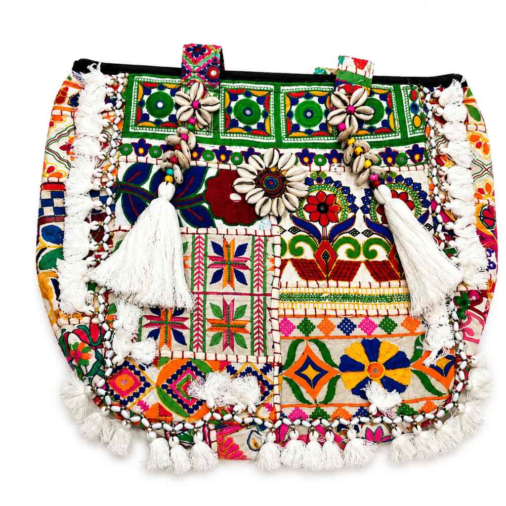 Boho Embroidered Tote Bag with Tassels