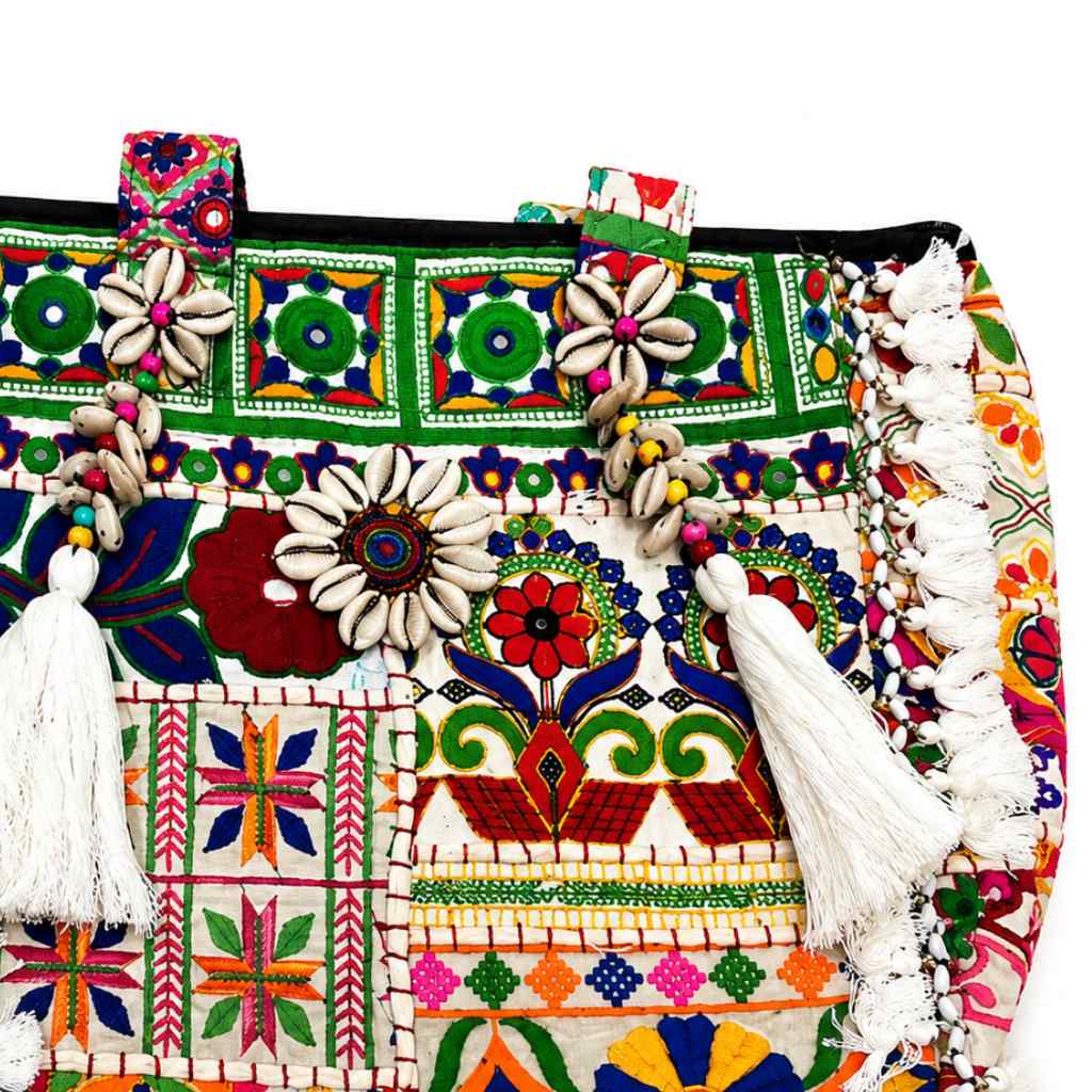 Boho Embroidered Tote Bag with Tassels