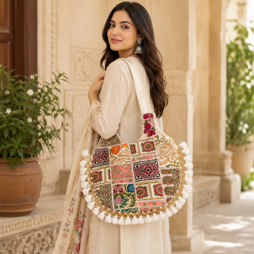 Vintage Noir Tassel Embroidered Tote Bag for Women