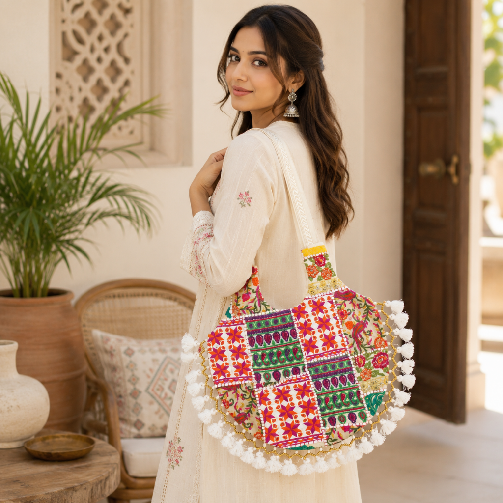 Vintage Noir Tassel Embroidered Tote Bag for Women