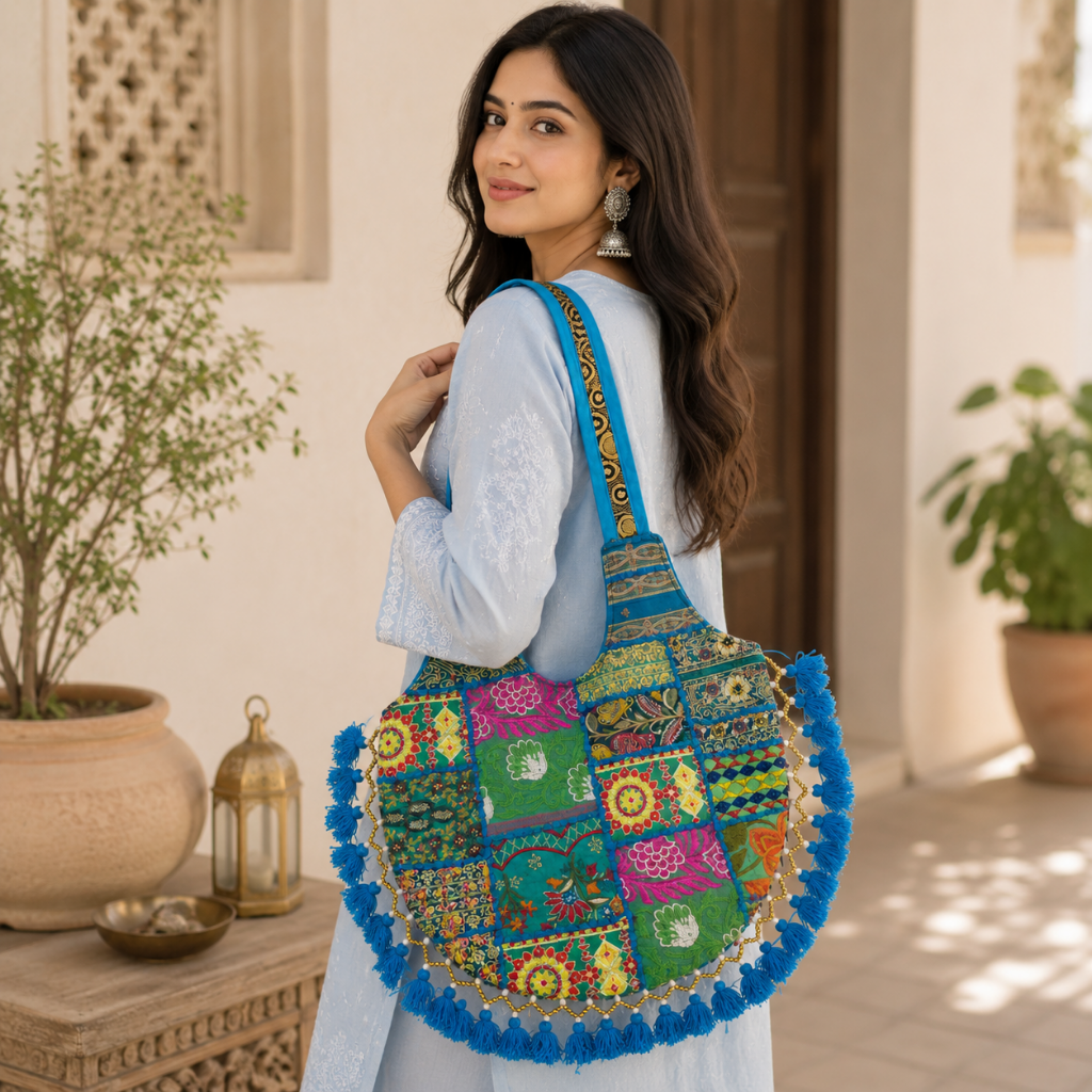 Vintage Noir Tassel Embroidered Tote Bag for Women