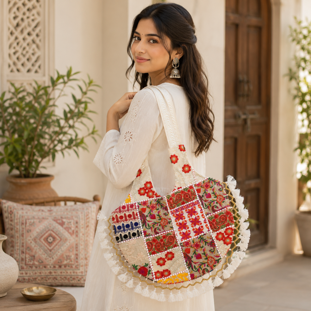 Vintage Noir Tassel Embroidered Tote Bag for Women