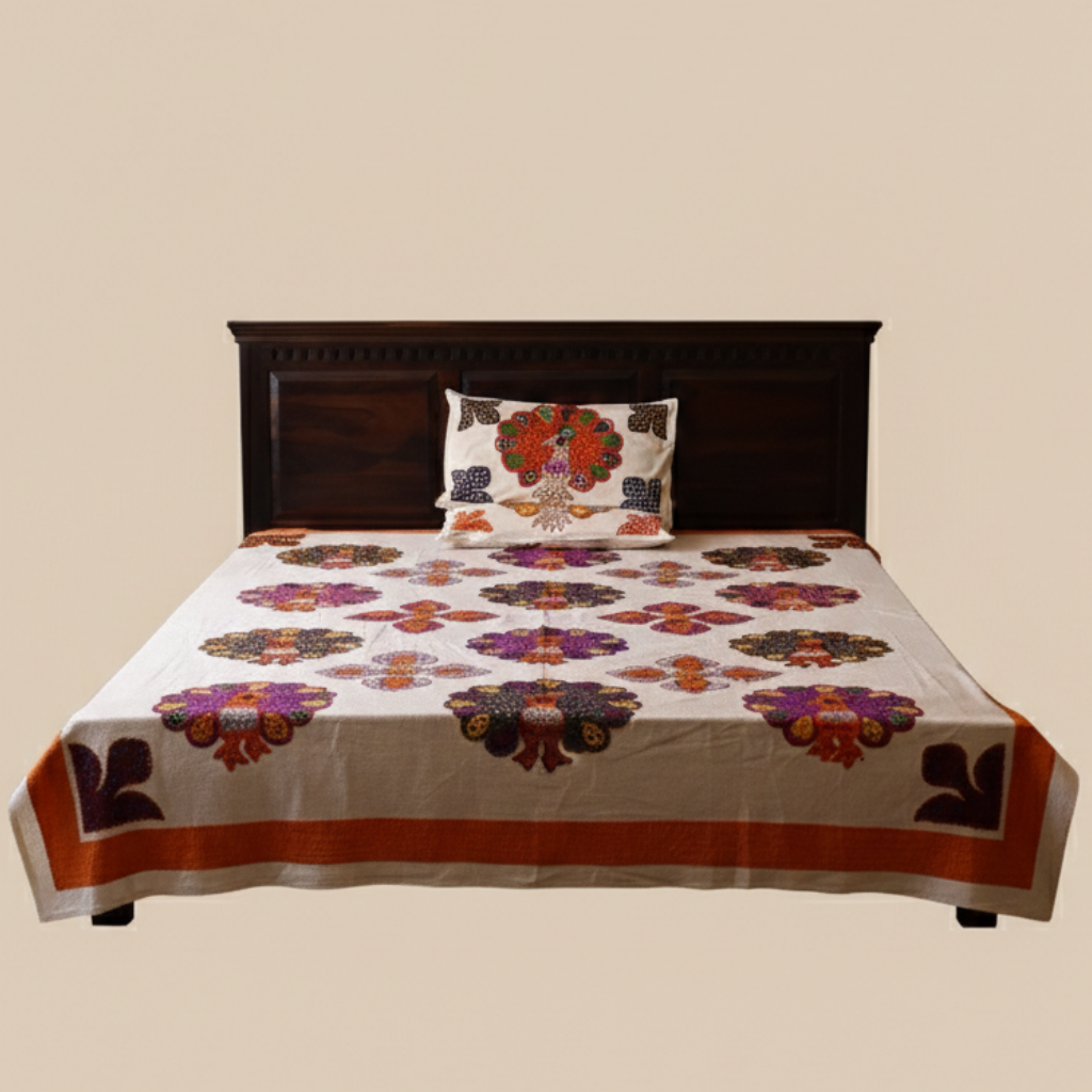 Royal Plumage Colorful Peacock Applique Bedsheet Set