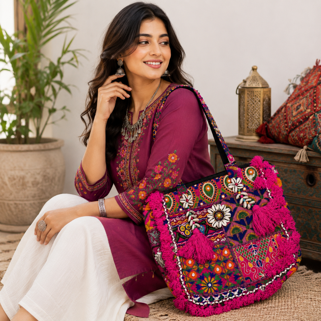 Heritage Embroidered Banjara Tote Bag with Tassels