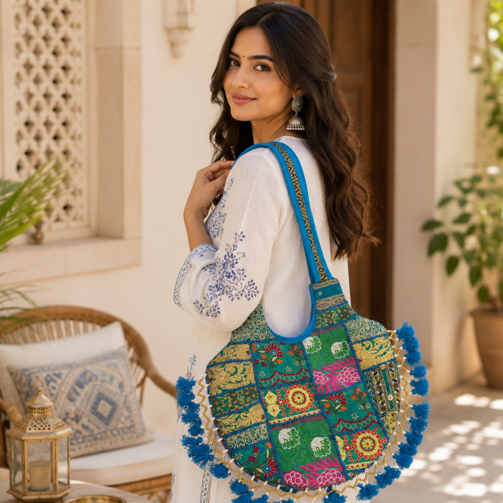 Vintage Noir Tassel Embroidered Tote Bag for Women