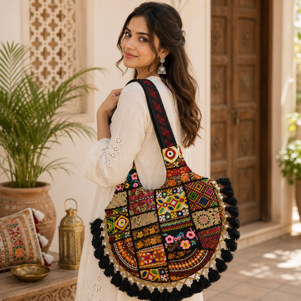 Vintage Noir Tassel Embroidered Tote Bag for Women