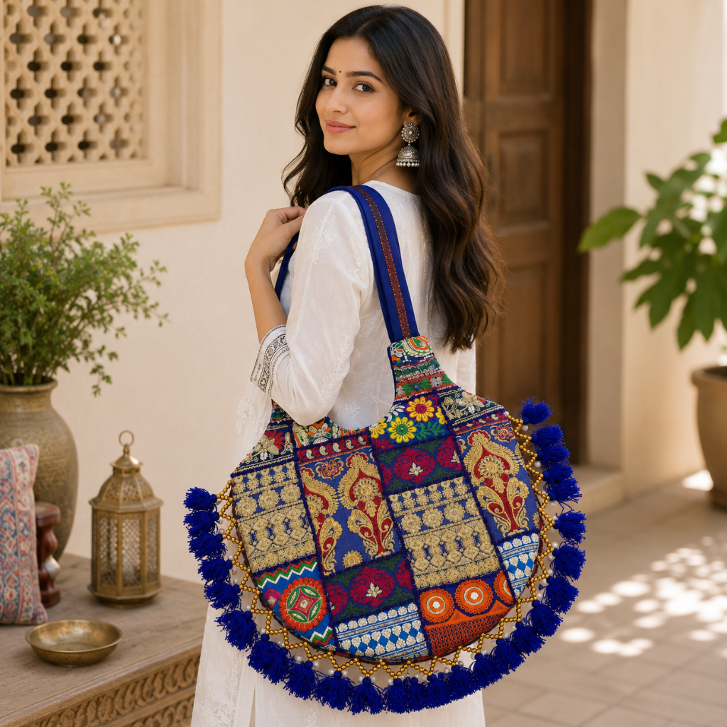 Vintage Noir Tassel Embroidered Tote Bag for Women