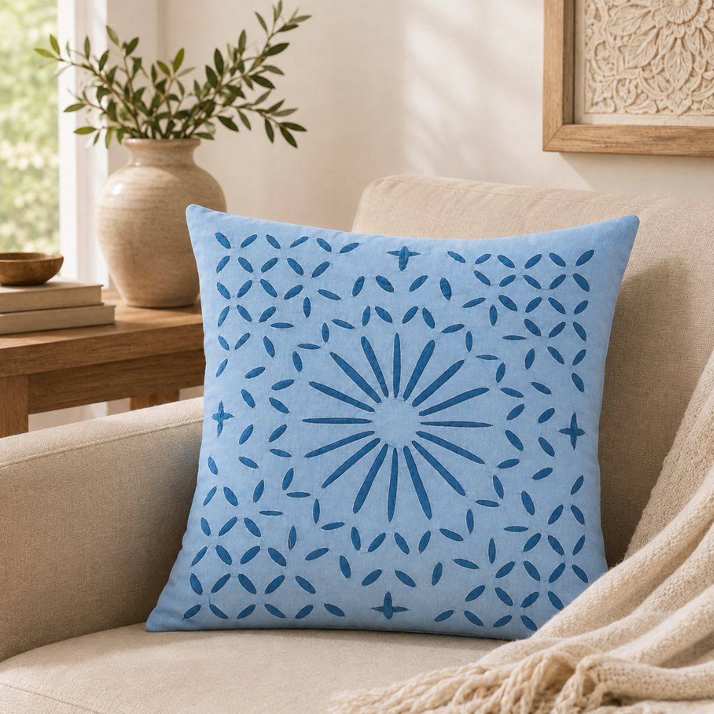 Detailed Applique Cutwork Cushion Cover for Home