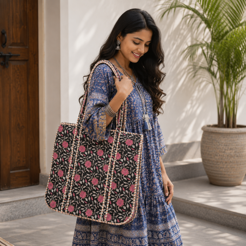Trendy Floral Printed Jaipuri Tote Bag for Women