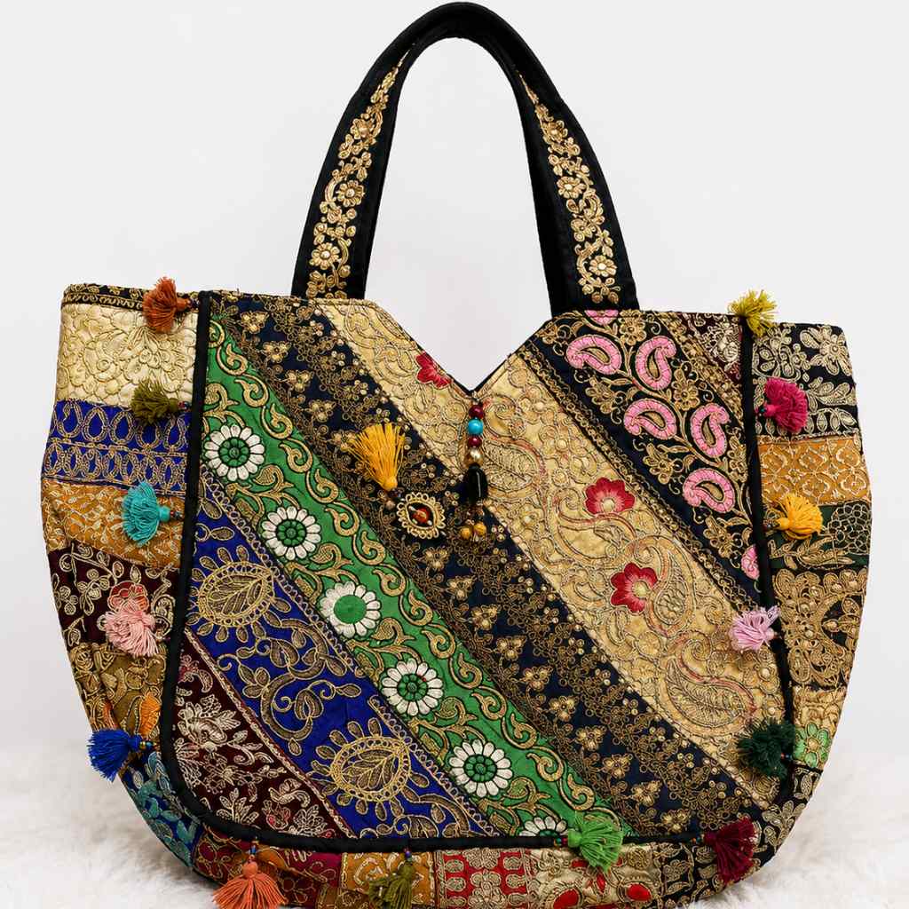 Ethnic Multicolor Embroidered Zari Tote Bag for Women